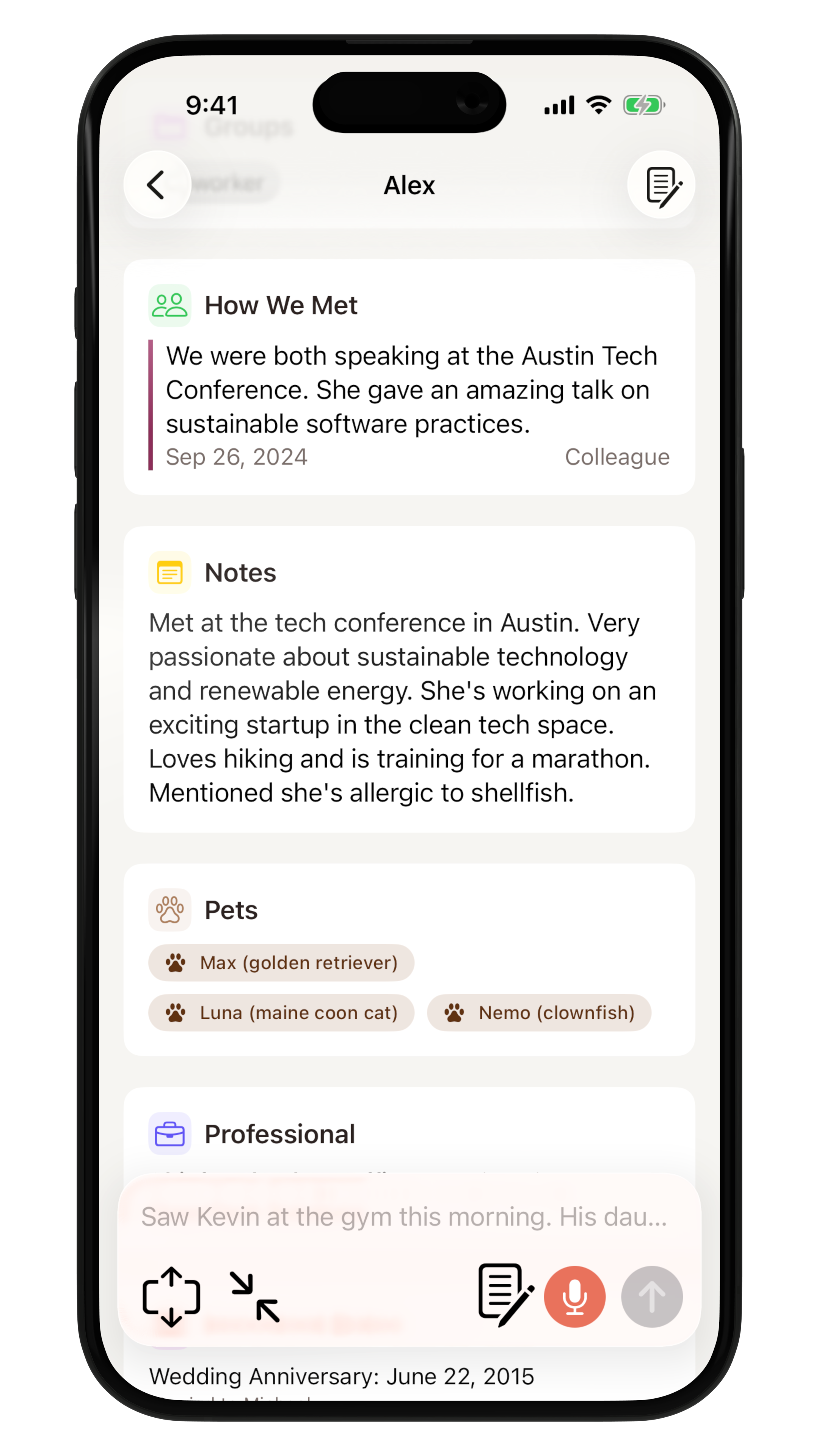 Contact detail screen showing relationship context, journal entries, and follow-ups
