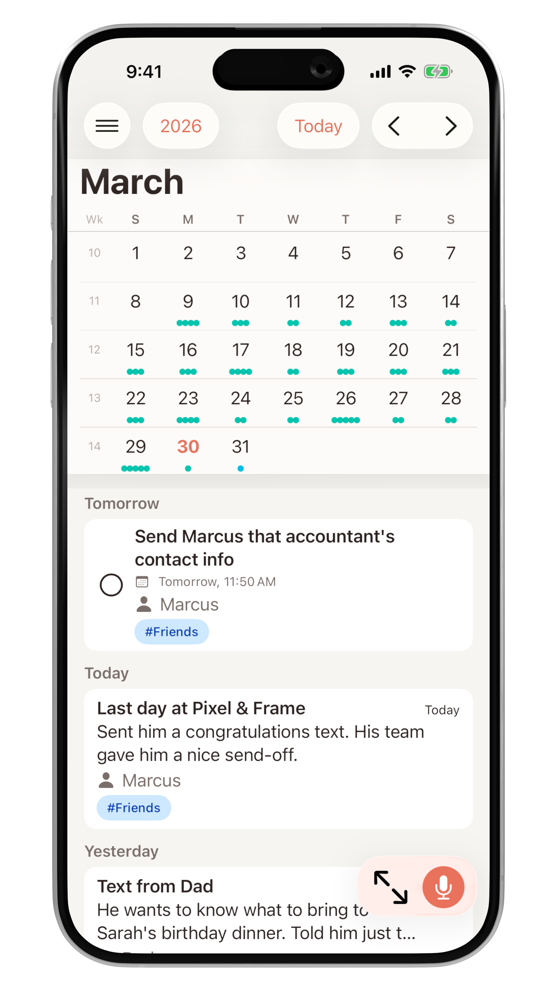 Calendar view showing follow-ups and relationship activity