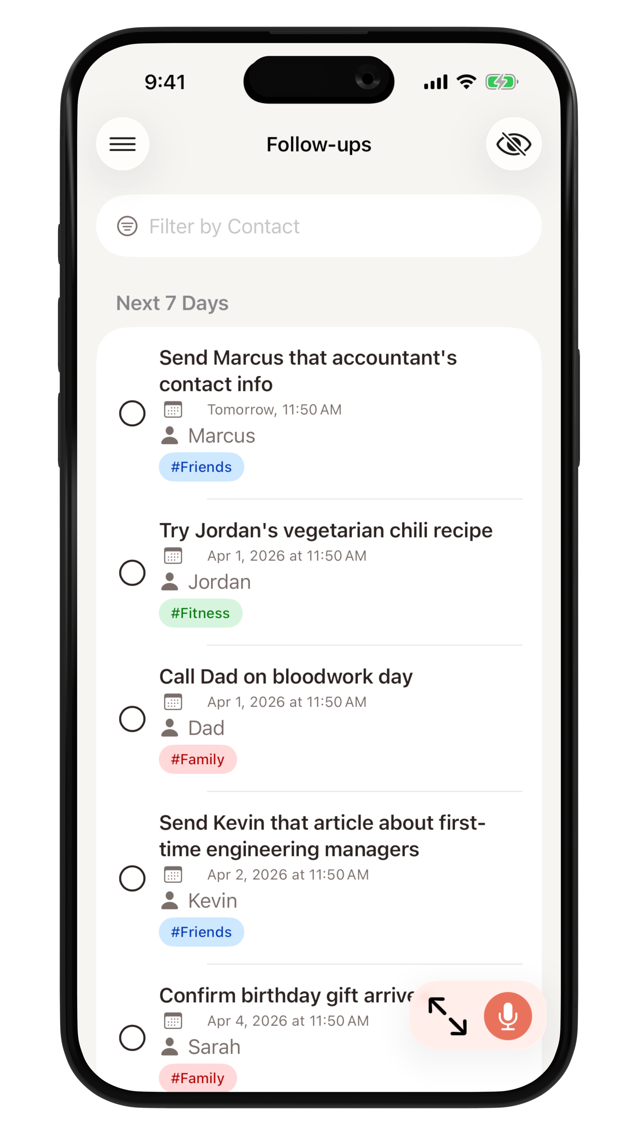 Follow-ups view showing upcoming reminders with context