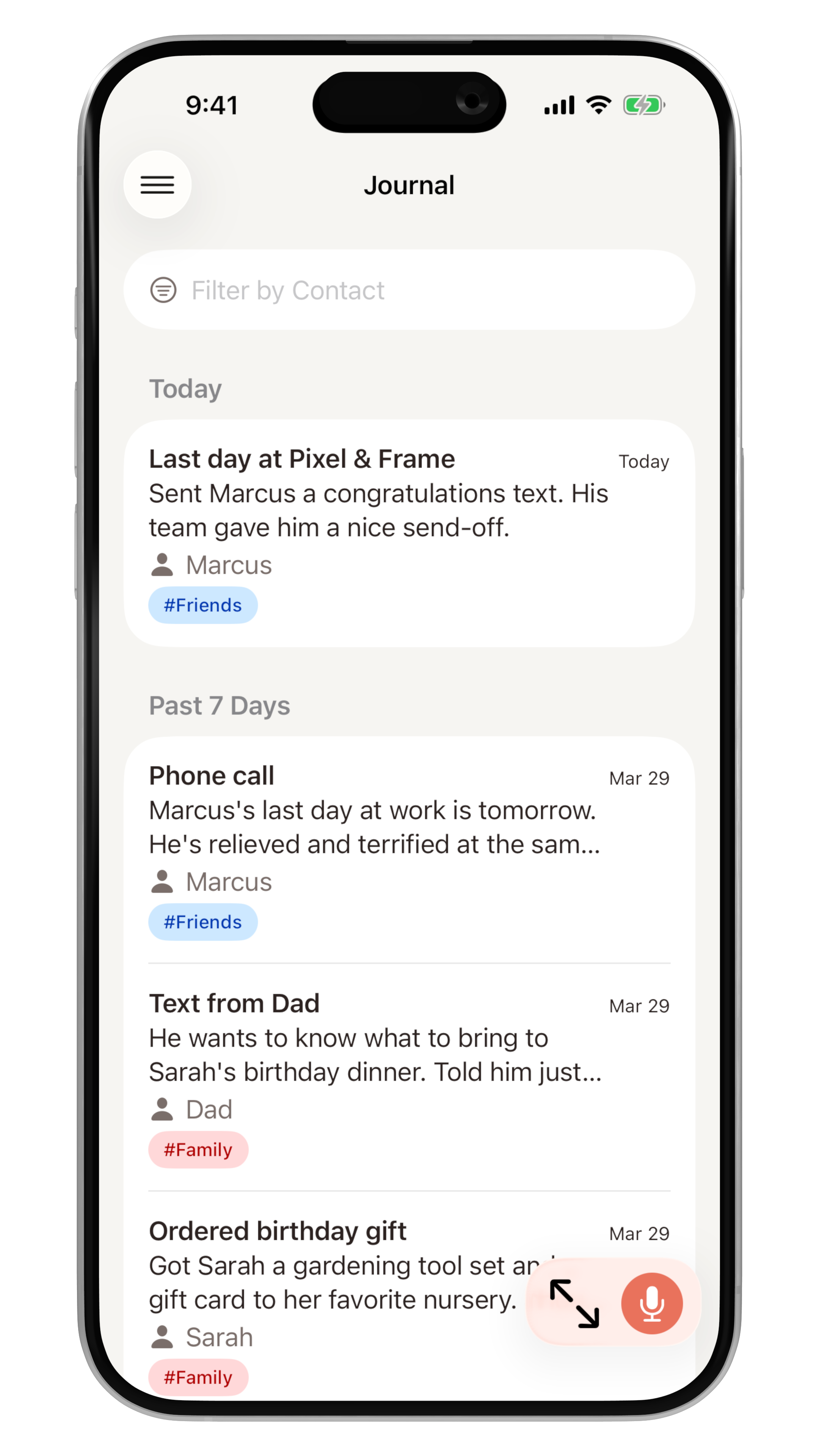 Journal entries view showing conversation history