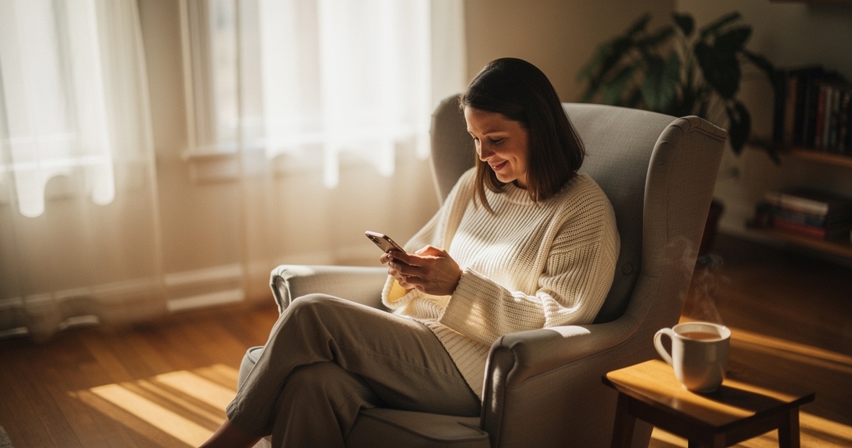 A person sitting in an armchair by a window scrolling through old photos on their phone with a wistful expression, warm afternoon light