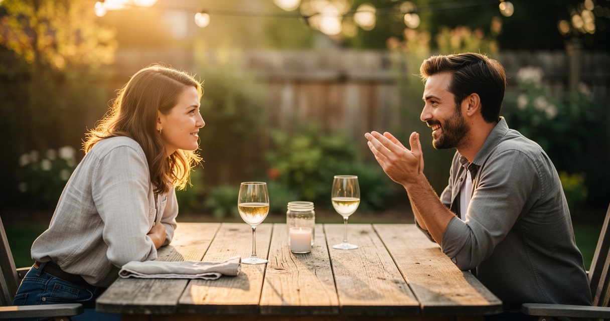 Two friends at a backyard dinner table, one leaning in to listen while the other gestures mid-story, warm evening light