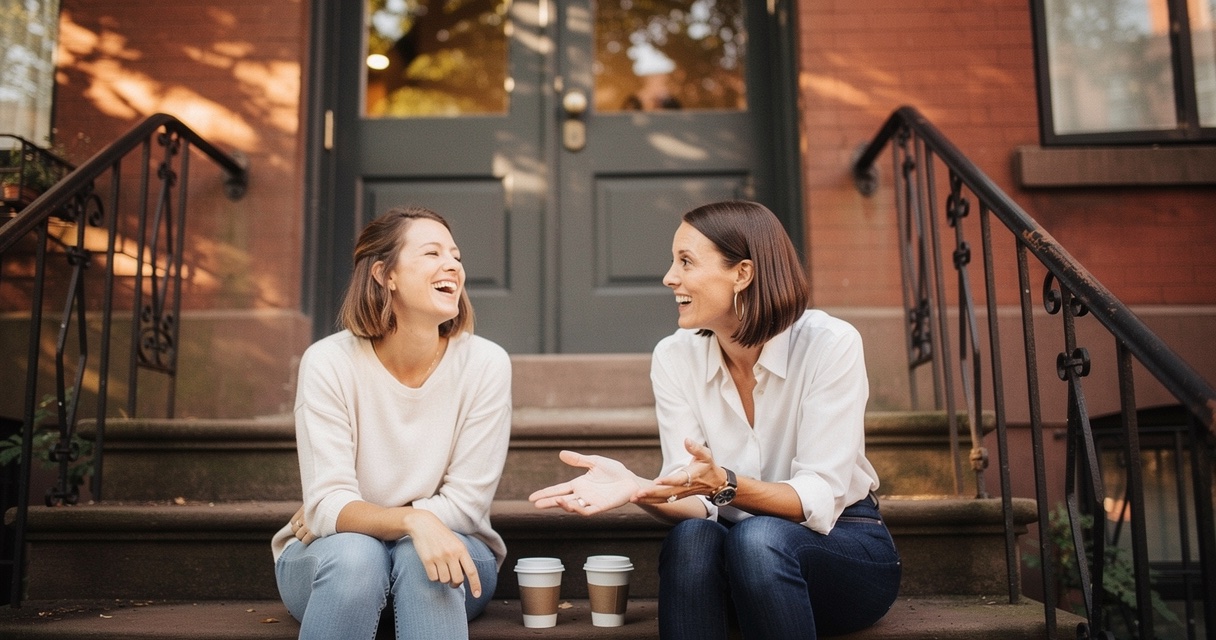 Two old friends sitting on a stoop, mid-conversation, one laughing while the other talks with their hands