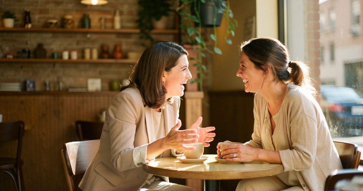 Two friends laughing over coffee at a small cafe table, mid-conversation in warm natural light