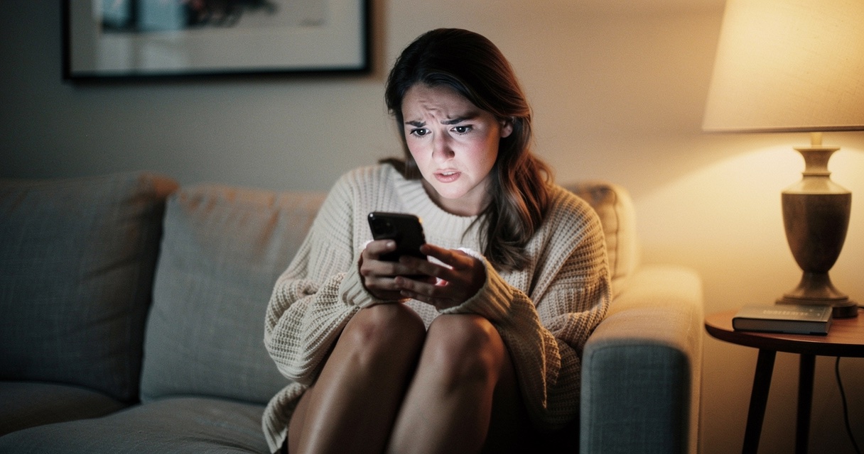 A person sitting on a couch in warm evening light, looking at their phone with a conflicted expression