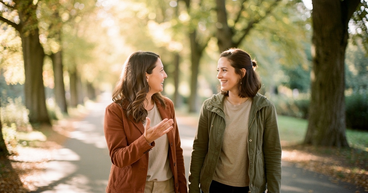 Two friends walking side by side on a tree-lined path in golden hour light, mid-conversation