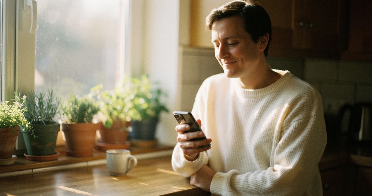 Person at a sunlit kitchen window holding their iPhone with a quiet thoughtful half-smile