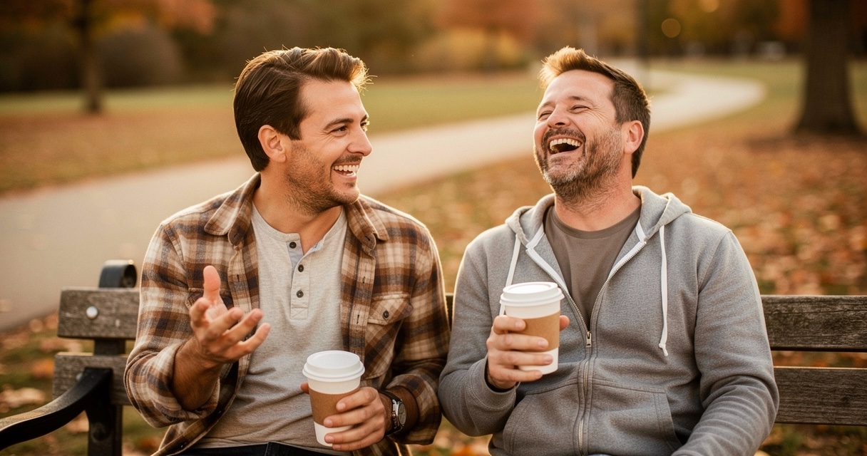 Two men in their late 30s laughing together on a weathered park bench in autumn, both holding takeout coffee cups, caught mid-conversation