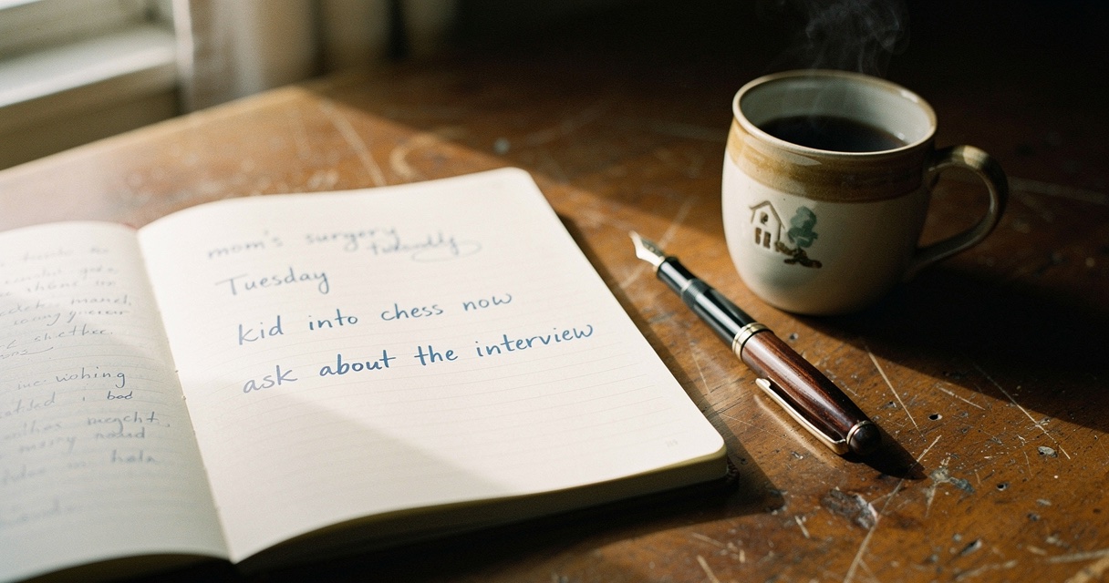 An open notebook on a desk with handwritten notes about people next to a coffee mug in soft morning light