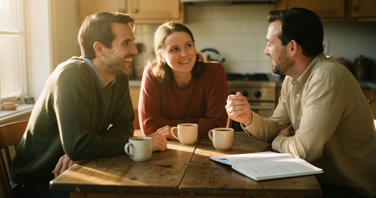 A small group of friends laughing around a kitchen table at golden hour, phones tucked away