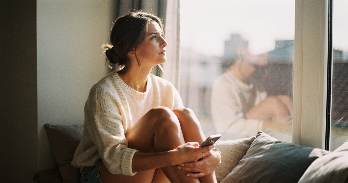 A woman in her early thirties sitting in a sunlit window seat, phone resting in one hand, gazing out the window with a warm but pensive expression