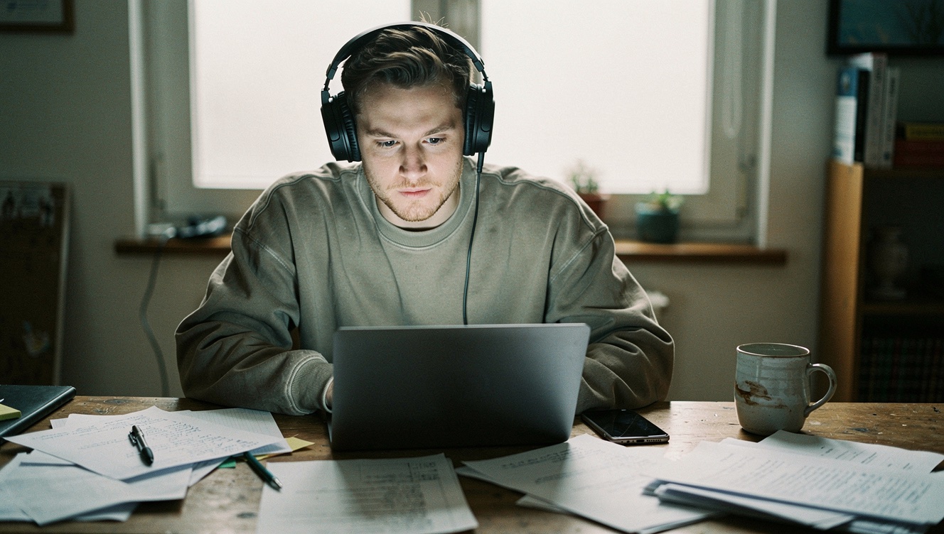 A man at a cluttered desk completely absorbed in his laptop, headphones on, phone beside him lit with unread notifications he doesn't notice