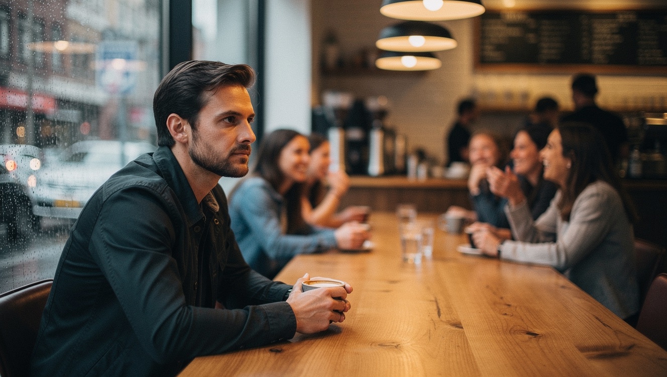 A man sitting alone at a long communal table in a busy coffee shop, looking out the window while groups chat around him