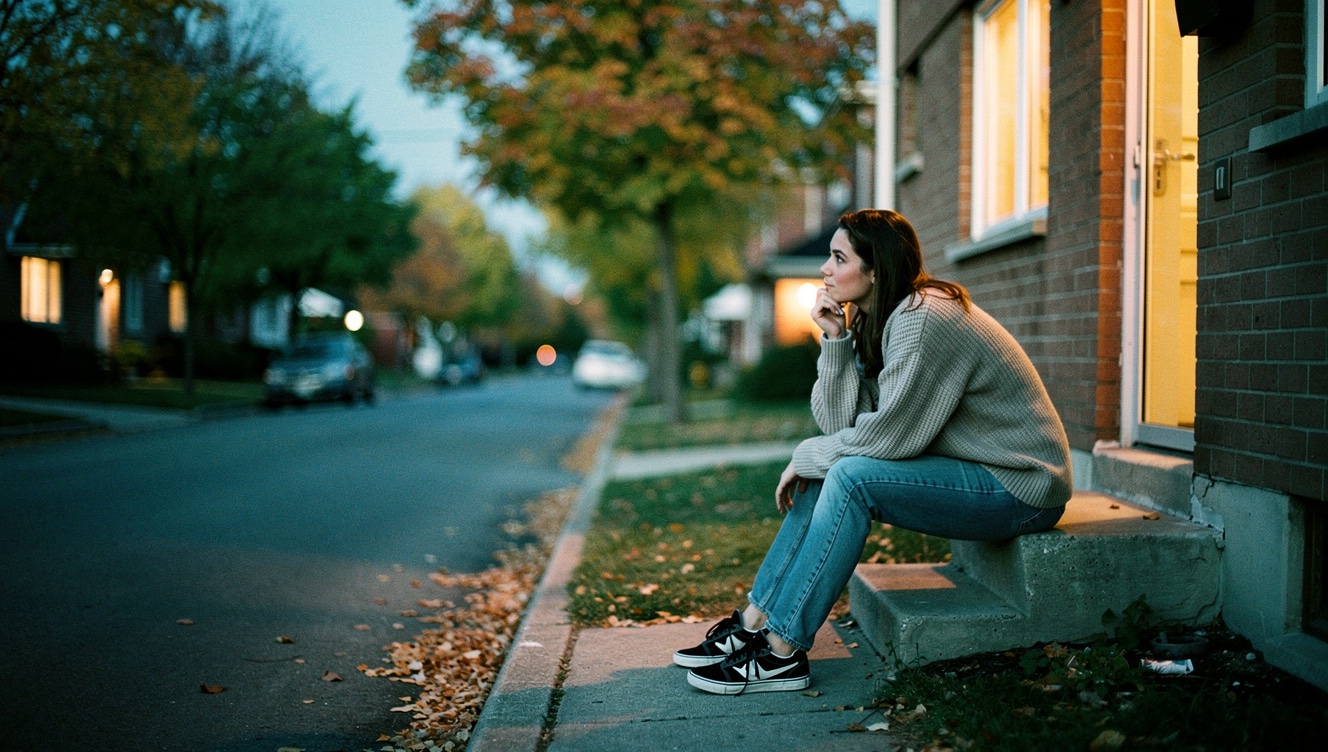 A young woman sitting alone on concrete apartment steps at twilight, looking down the quiet street with a pensive expression