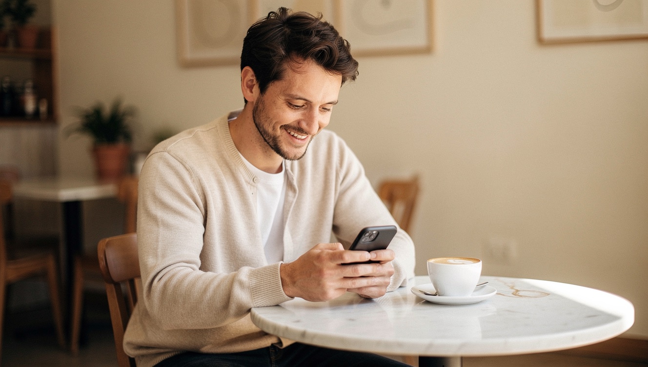 A man sitting at a cafe table, smiling down at his phone, reading a message that made his day