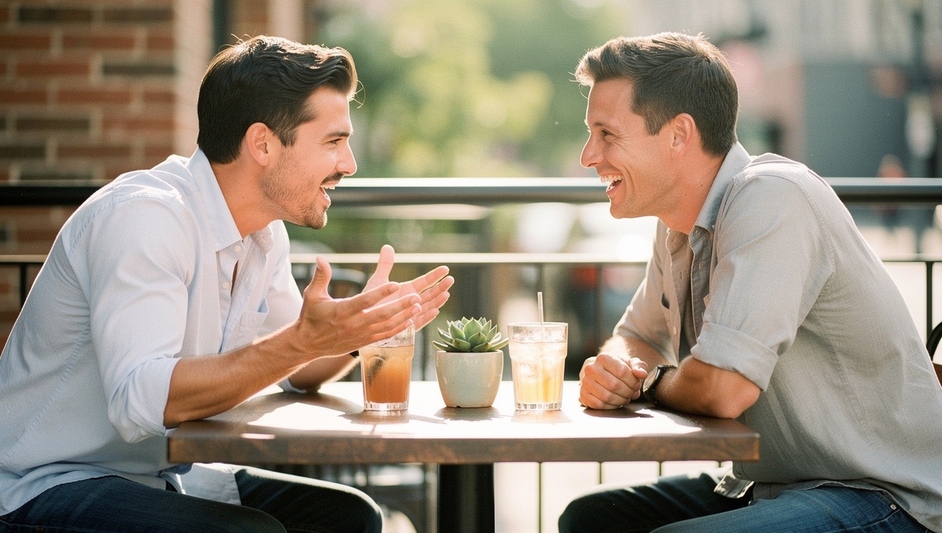 Two friends at a sunlit cafe table, one sharing exciting news with animated gestures while the other leans in with full attention and a wide smile