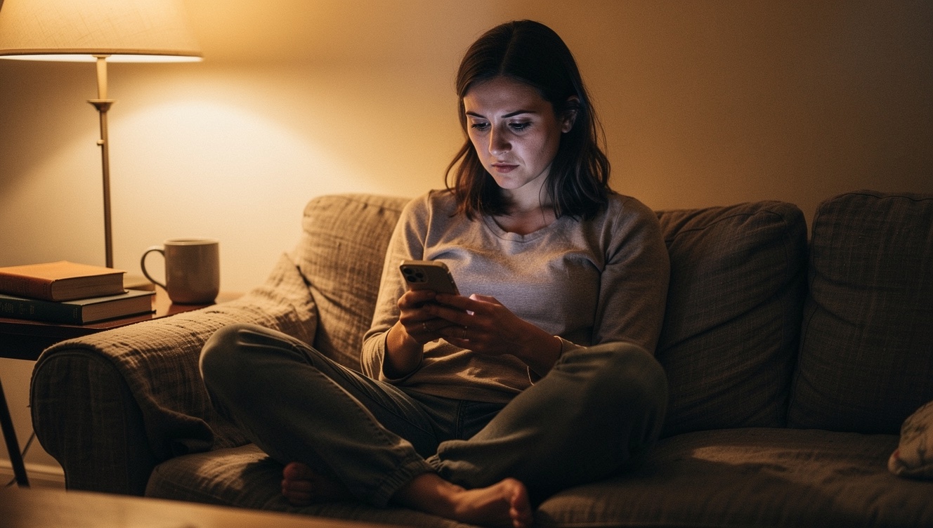 A woman sitting on her couch with her phone in her lap, staring at the screen with a tense, hesitant expression