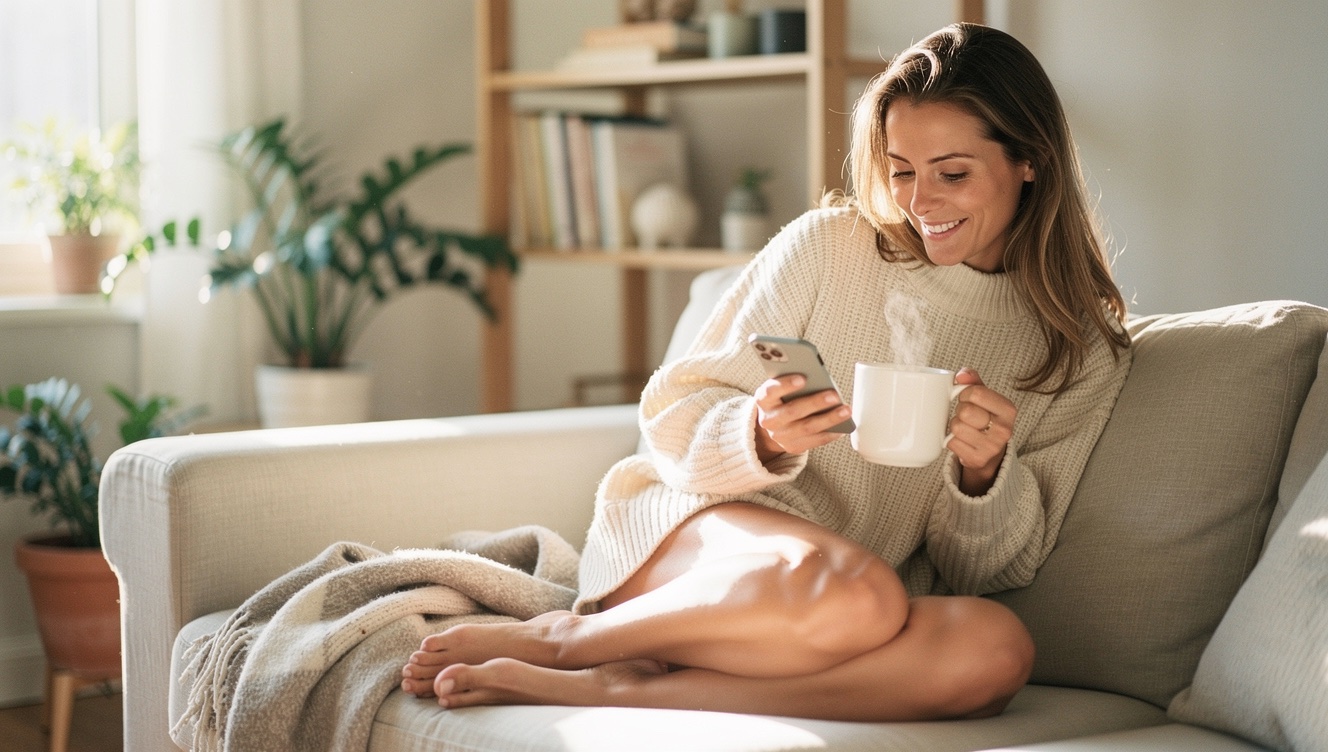 A woman curled up on a couch in morning light, cradling a mug of tea while texting on her phone with an easy smile