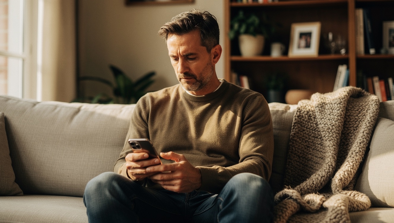 A man sitting on a couch looking at his phone with a quiet, reflective expression, an old group photo visible on the screen