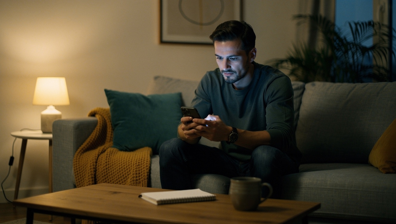 A man sitting alone on a couch at dusk, gazing at an unread message thread on his phone with a soft pensive expression