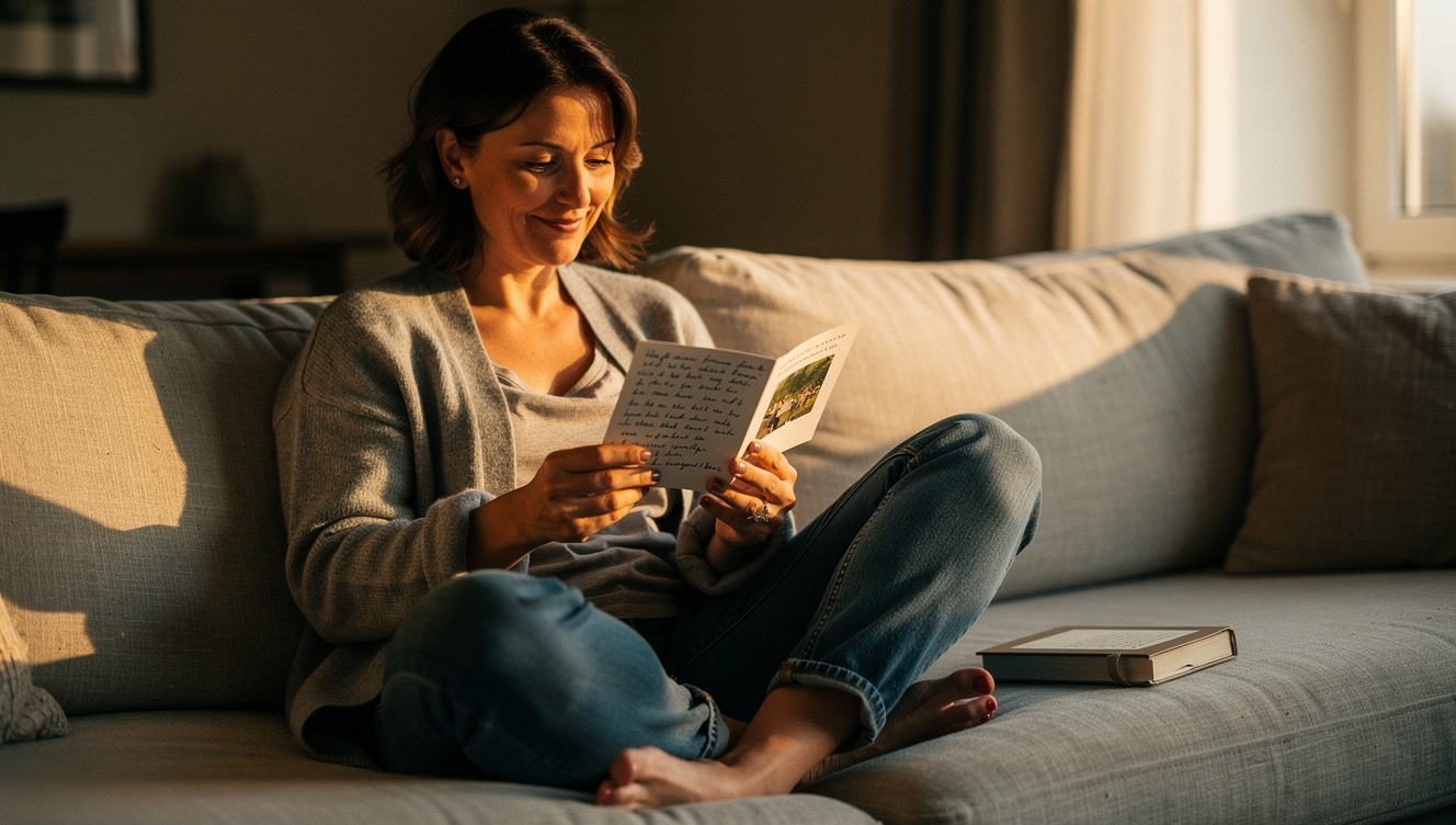 A woman on a couch in late-afternoon light reading a handwritten card that just arrived in the mail, opened envelope on the coffee table beside her