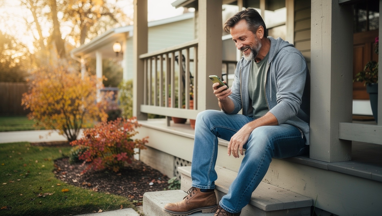 A man in his mid-50s on the front steps of a craftsman home in the late afternoon, reading a text message on his phone with a slow, genuine smile