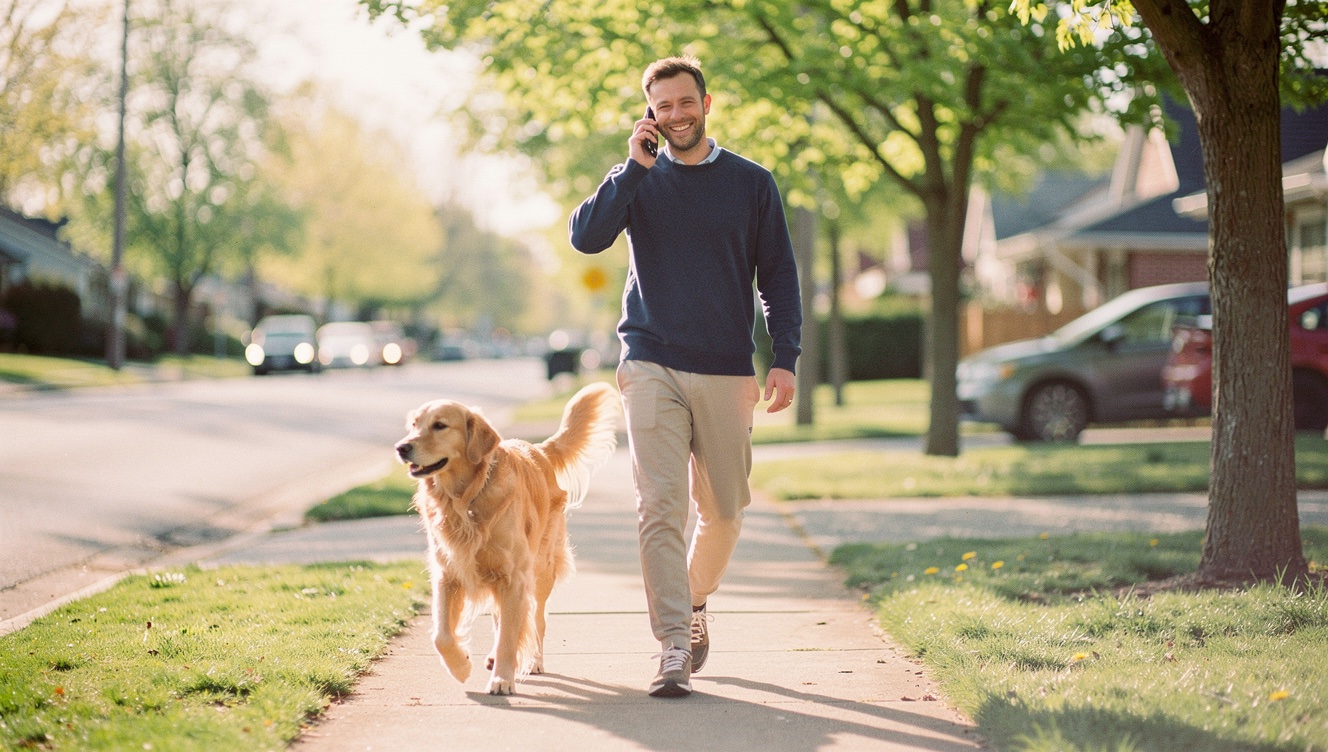 A person walking their dog on a sunny sidewalk, casually holding their phone to their ear mid-conversation, relaxed and smiling