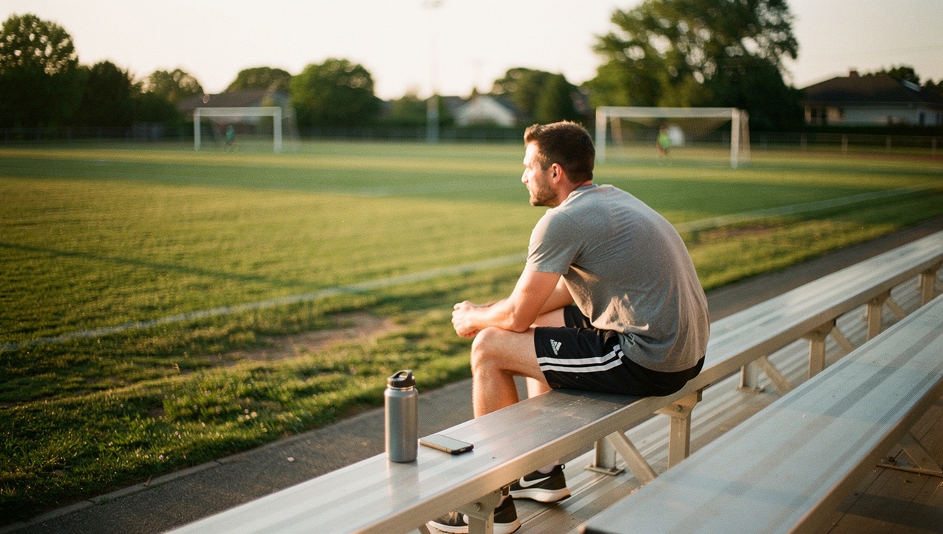 A man sitting alone on aluminum bleachers beside an empty recreational sports field in late afternoon light