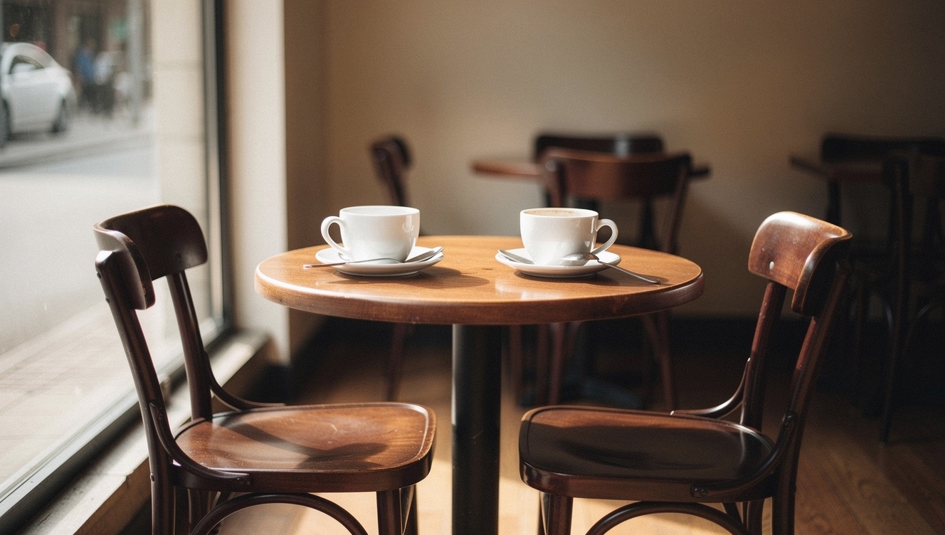 Two empty chairs at a small cafe table with untouched coffee cups in soft morning light