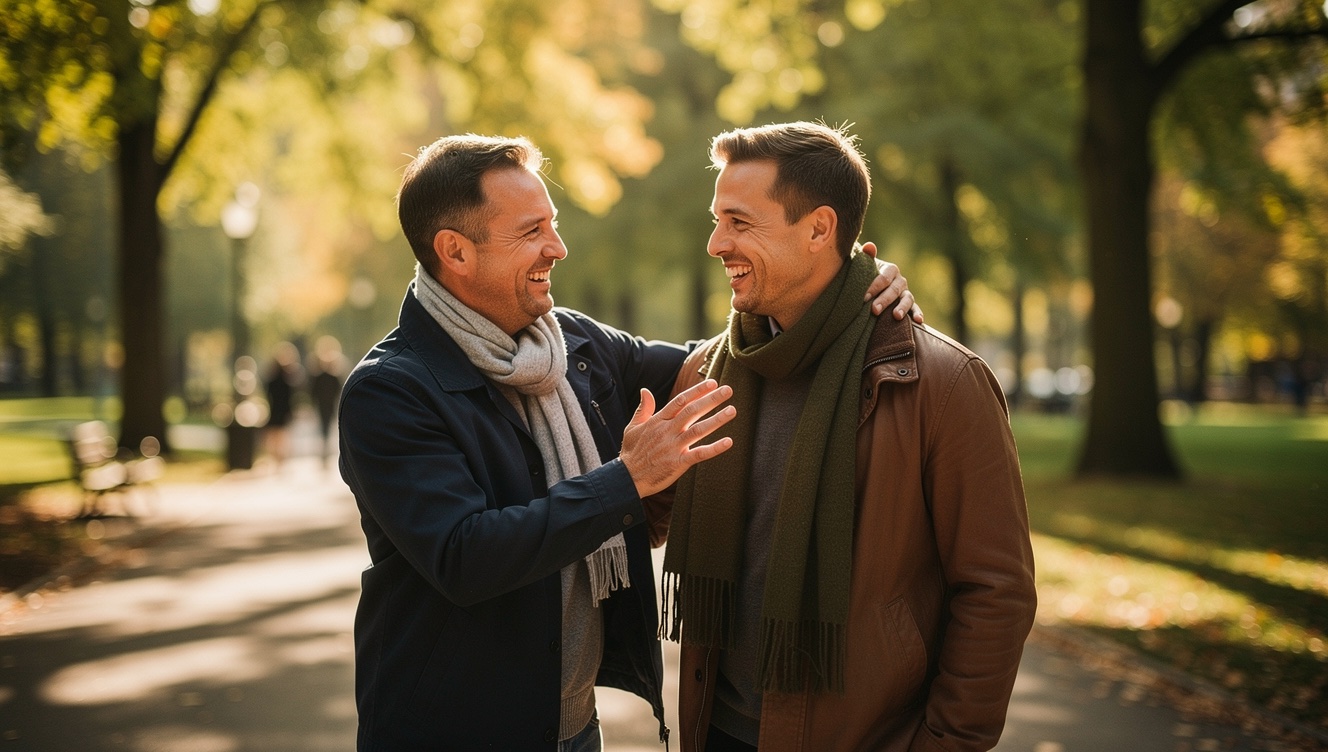 Two friends embracing in a warm hug on a sunlit park path after time apart