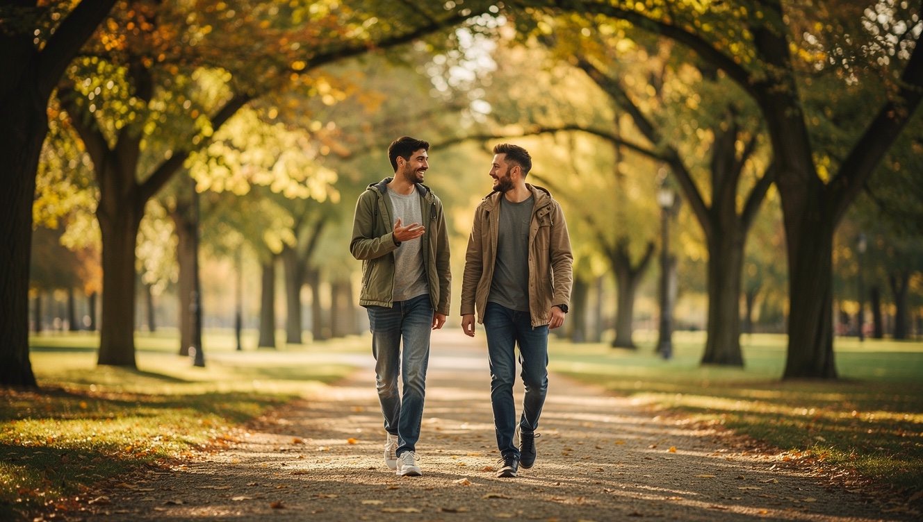 Two men in their late twenties walking side by side along a tree-lined park path, one talking while the other listens with a relaxed expression