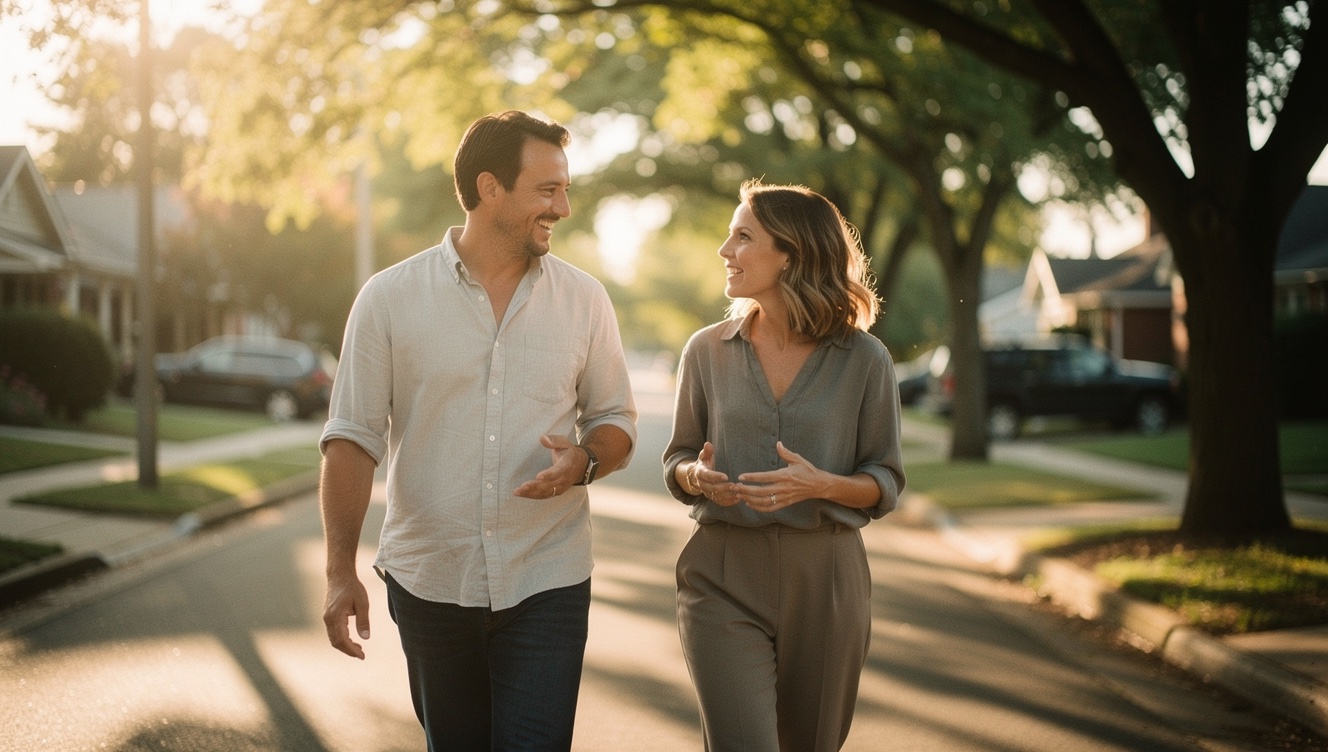 Two friends walking side by side down a quiet neighborhood street, deep in conversation