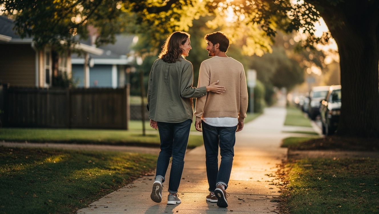 Two friends walking side by side on a quiet residential street at sunset, mid-conversation with relaxed body language