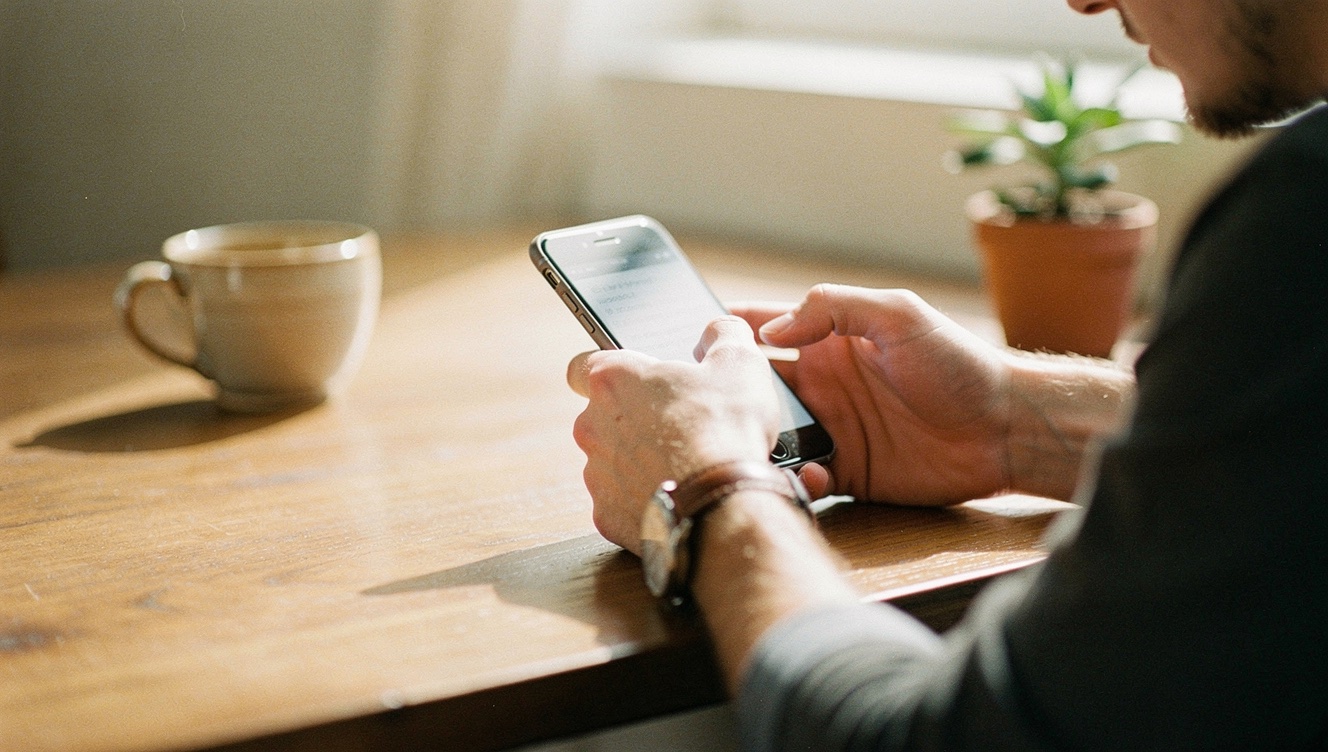 Close-up of hands holding a phone, composing a casual text to a friend, with a coffee cup nearby on a wooden table in morning light