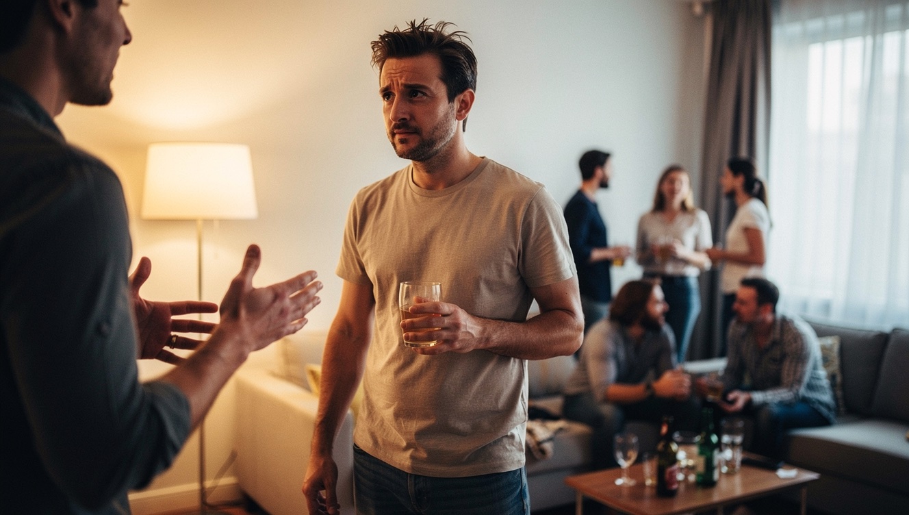 A man at a house party holding a drink with a subtle searching expression as someone talks to him with animated gestures