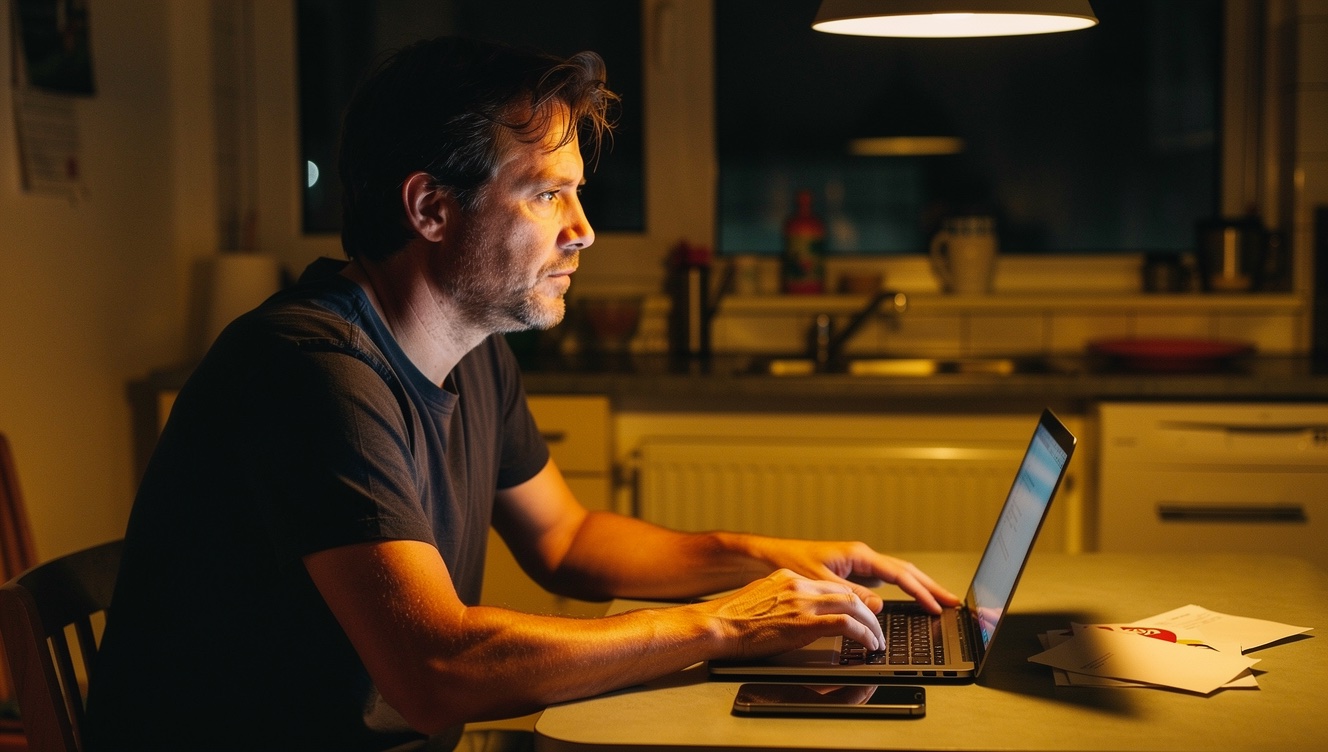 A man in his early 40s sitting alone at a kitchen table late in the evening, phone face down and a closed laptop beside him, staring toward a dim window with a quiet, tired expression