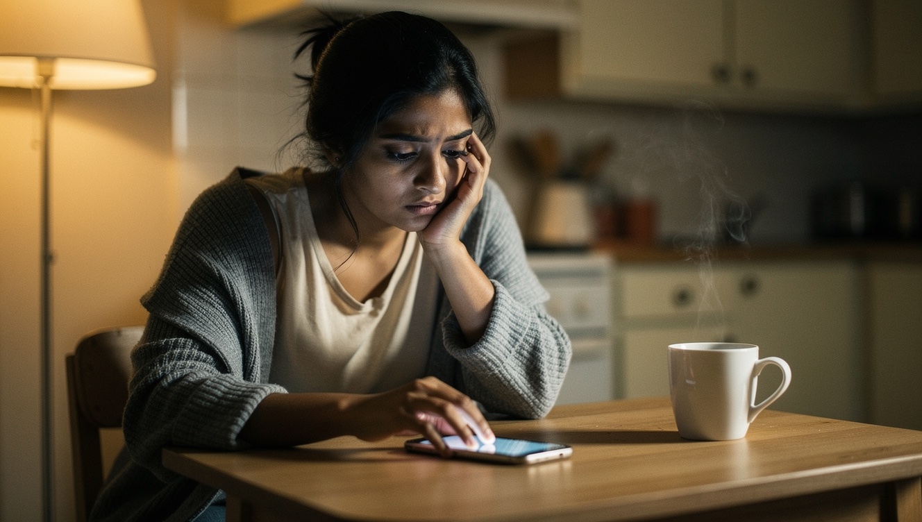 A woman sitting alone at a kitchen table, chin on hand, gazing down at a phone on the table with a quietly conflicted expression