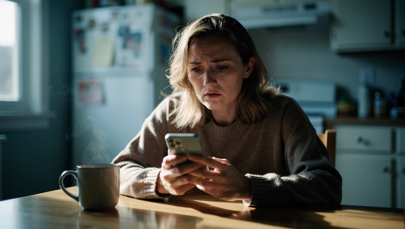 A woman sitting alone at her kitchen table in the morning, holding her phone with a conflicted expression, hesitating to respond to a message