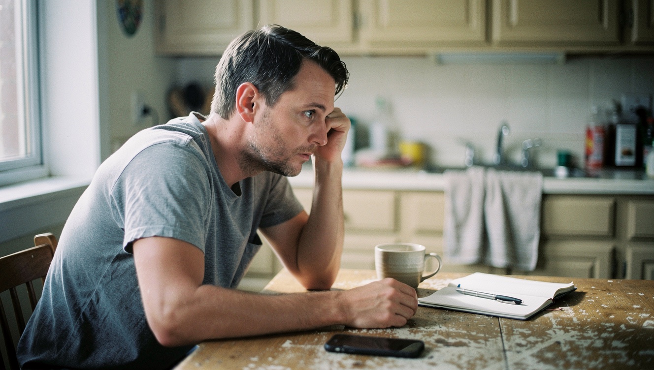 A person sitting alone at a kitchen table with their phone face-down, resting their head on one hand, looking out a window in soft morning light