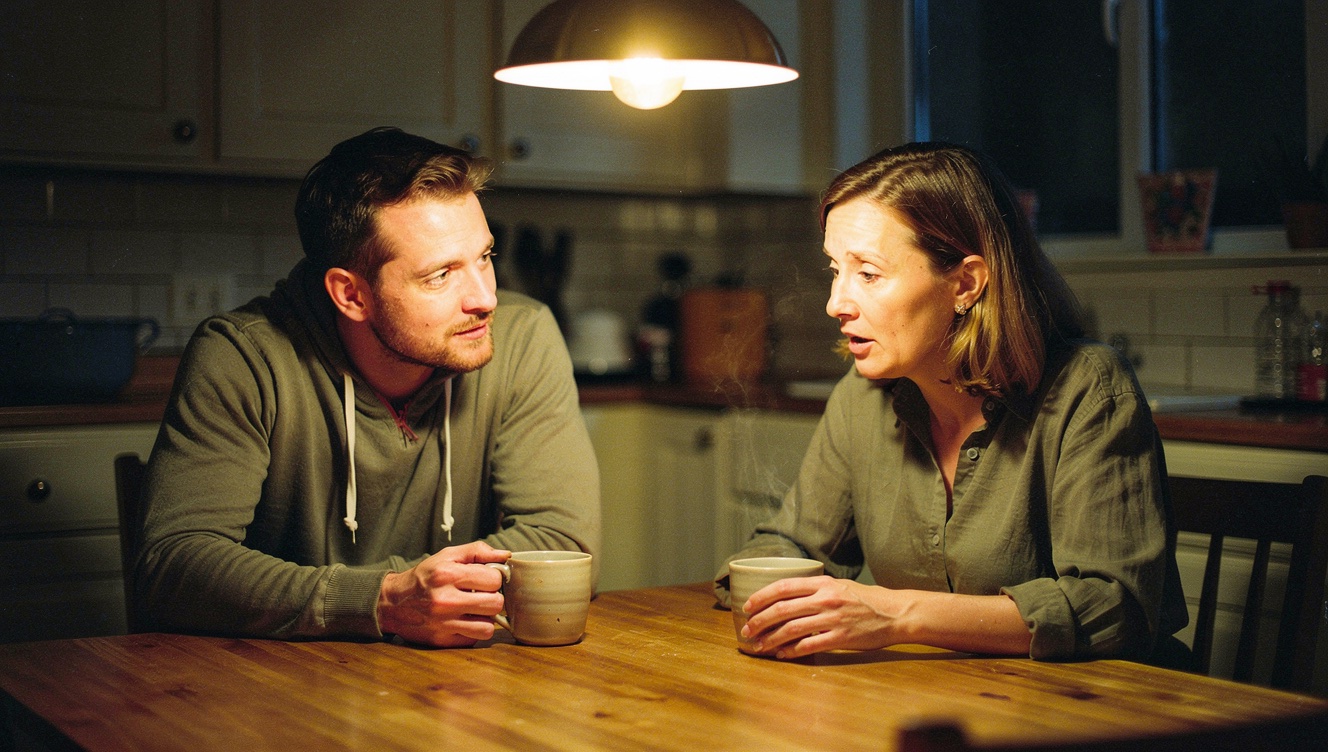 Two friends at a kitchen table in warm evening light, one speaking with a vulnerable expression while the other listens with quiet presence
