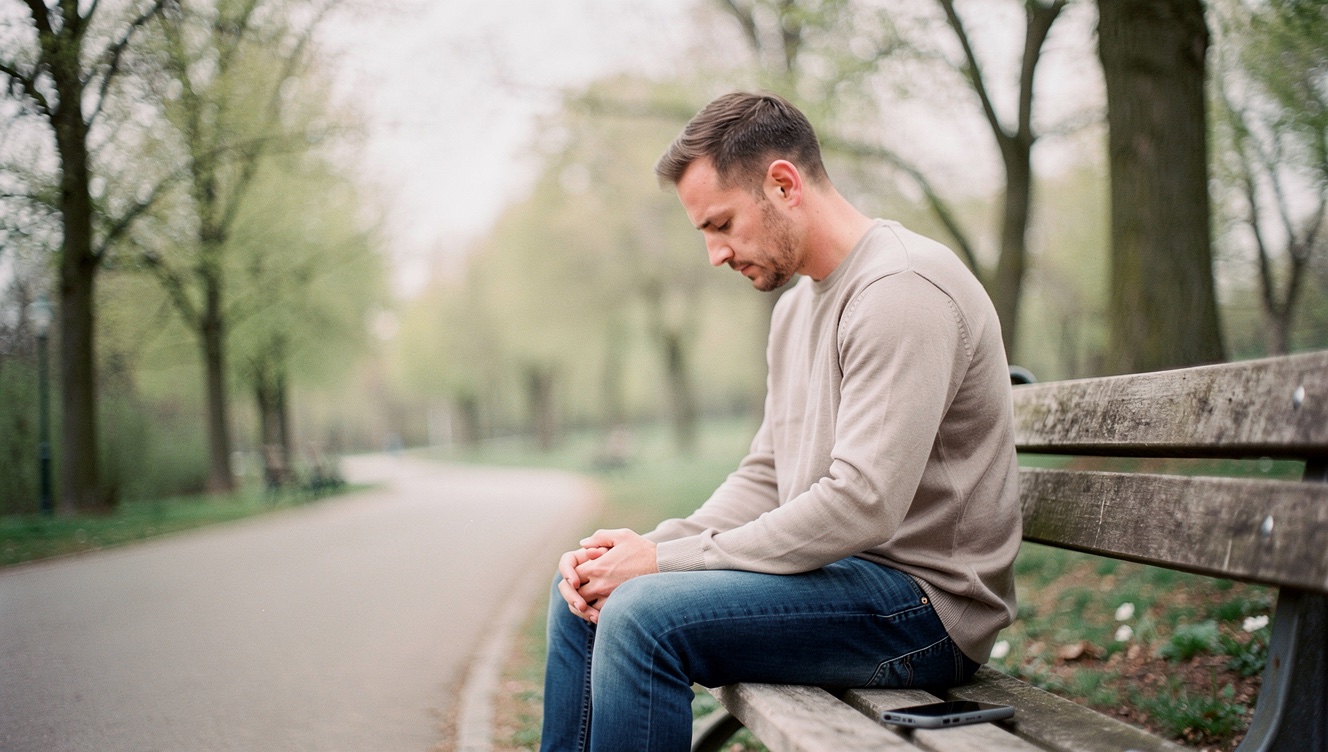A man in his late twenties sitting alone on a park bench, looking down at his hands, his phone set aside face-down beside him