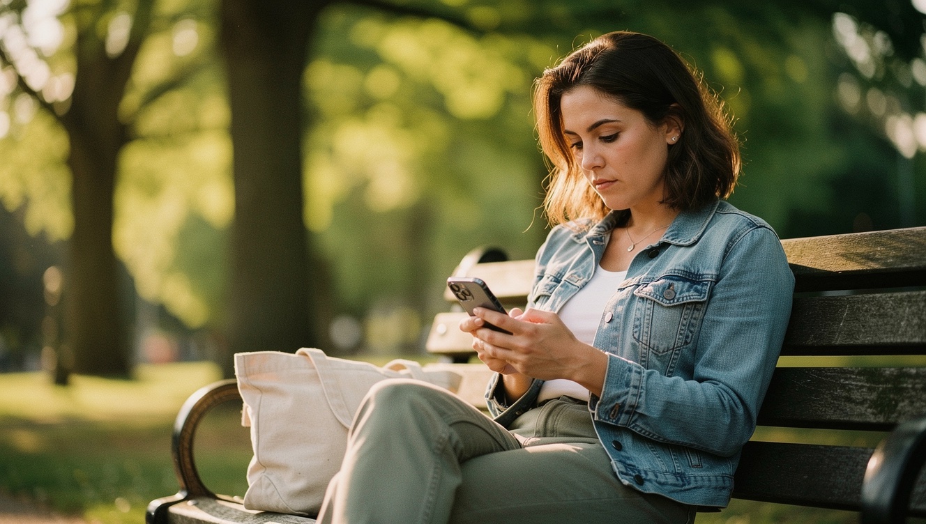 A woman on a park bench looking down at her phone with a quiet, resigned expression, scrolling through an old conversation