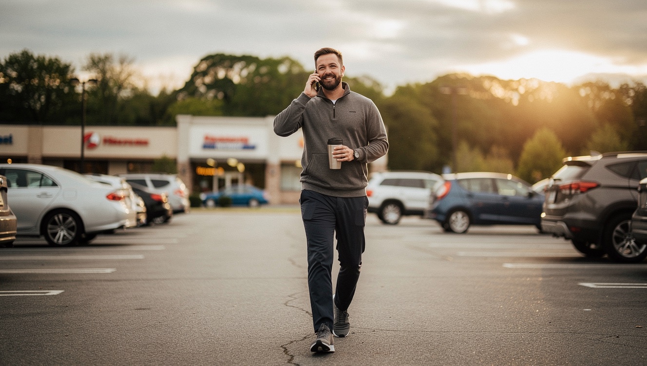 A man in his late 30s walking across a suburban parking lot at the end of the workday, phone to his ear and a small natural smile on his face