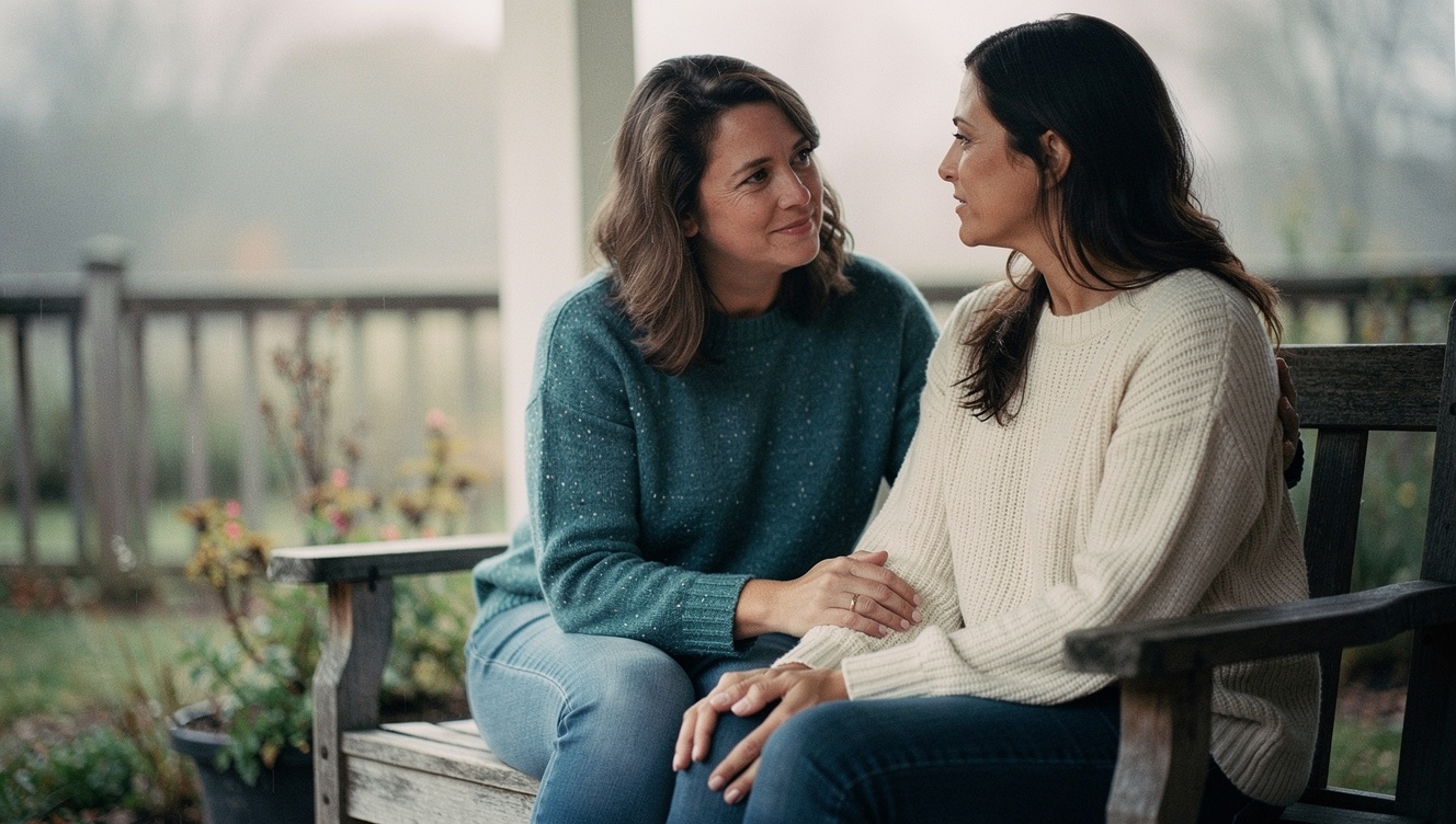 Two friends sitting together on a porch in soft overcast light, one leaning slightly toward the other in a quiet supportive moment