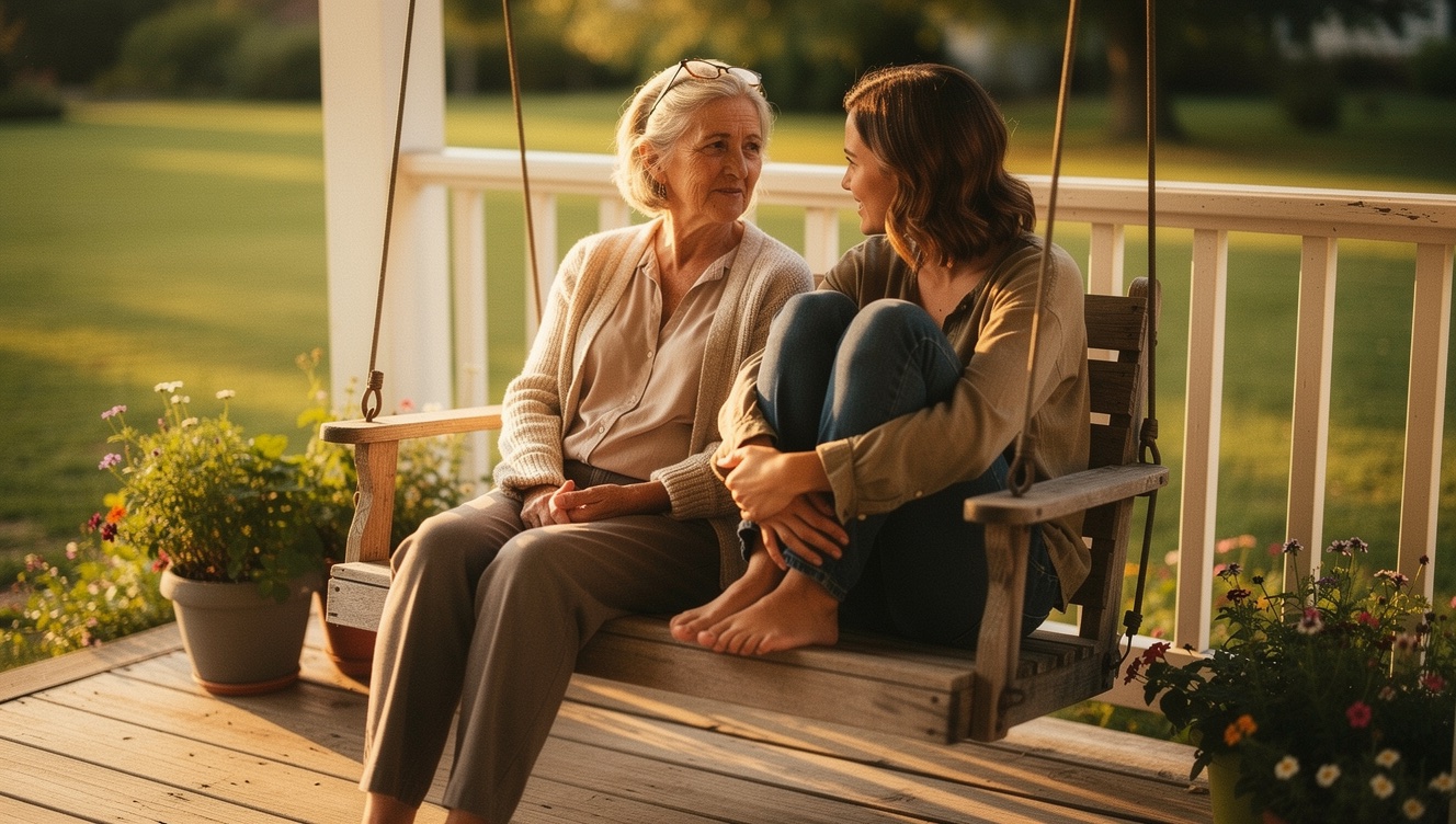 A grandmother and adult granddaughter sitting together on a porch swing, mid-conversation in warm late afternoon light