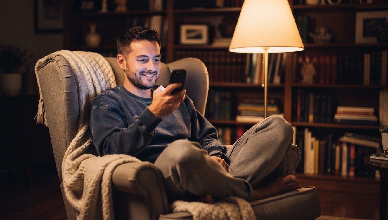 A man curled into a deep reading chair, holding his phone near his mouth as if recording a voice memo, a subtle smile on his face in warm lamplight