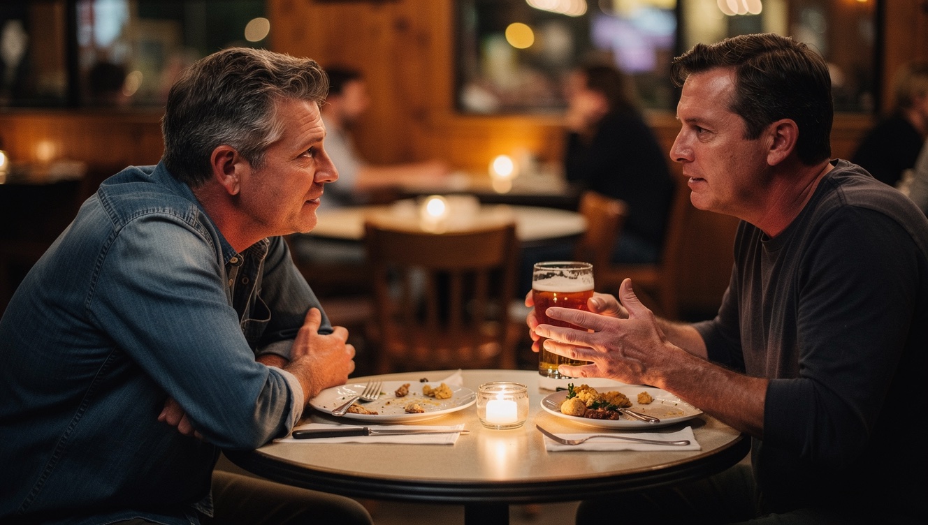Two men in their late 40s sitting across a small round table at a neighborhood restaurant, deep in conversation, the one on the left leaning forward and listening intently