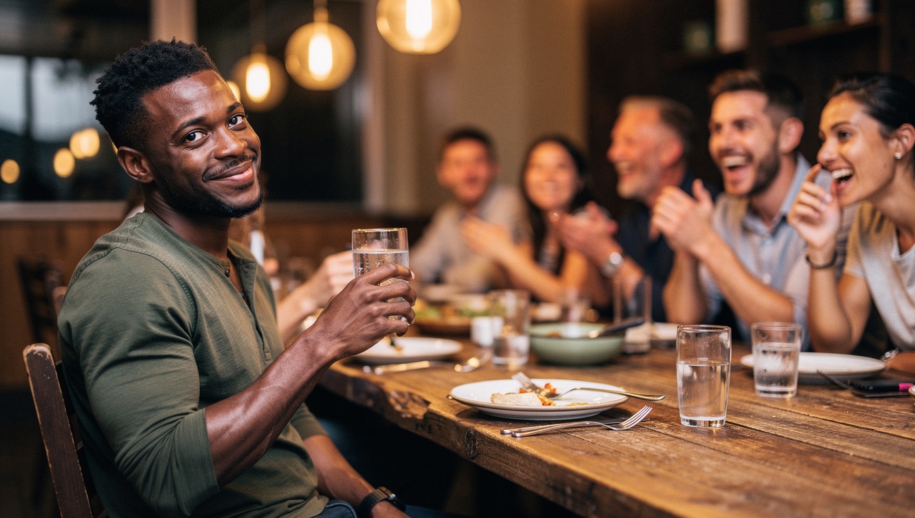 A man sitting at the far end of a restaurant table, watching friends animated in conversation further down, warm but slightly detached expression