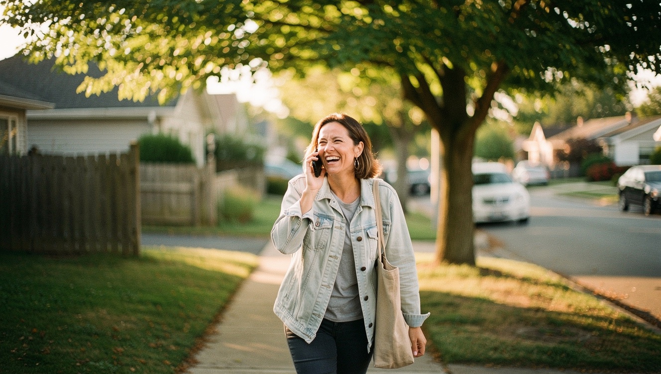A woman laughing while talking on the phone, walking along a tree-lined sidewalk in late afternoon light