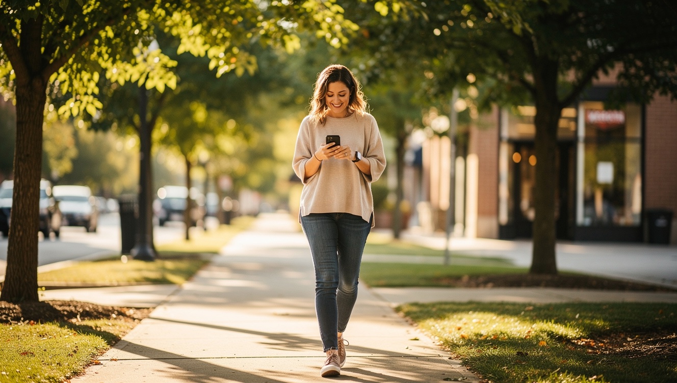 A woman walking down a tree-lined sidewalk, typing a quick note into her phone with a slight knowing smile